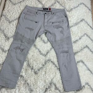 MAKOSI Men’s Gray Distressed Moto Jeans